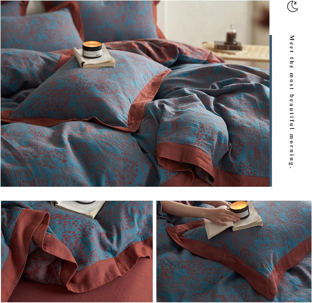 mixinni Muslin Cotton Vintage Blue Floral Duvet Cover Queen Size 3pcs Yarn Dyed Burgundy Jacquard Weave Bedding Comforter Cover Soft Breath…