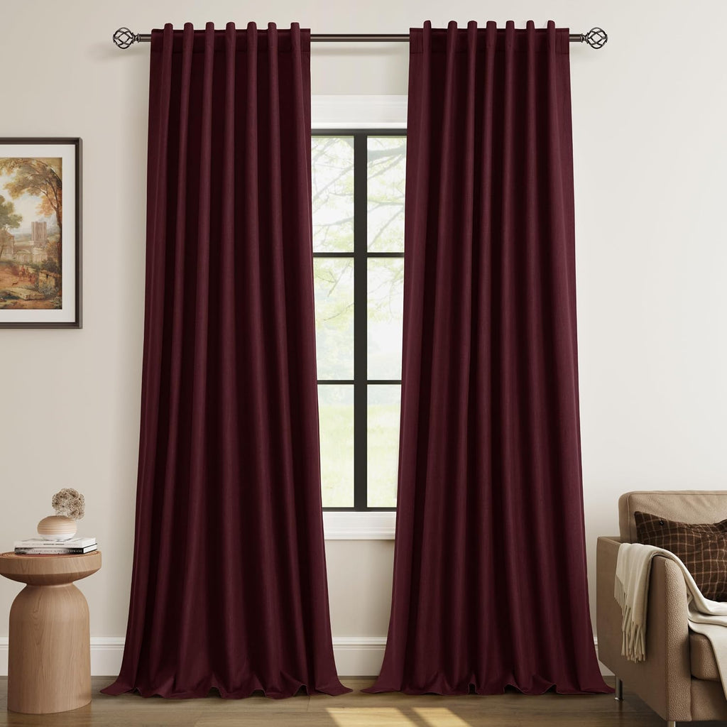 Guken Burgundy 100% Blackout Linen Curtains 102 Inch Length 2 Panels Set for Living Room Bedroom Back Tab Thermal Insulated Black Out Drape…