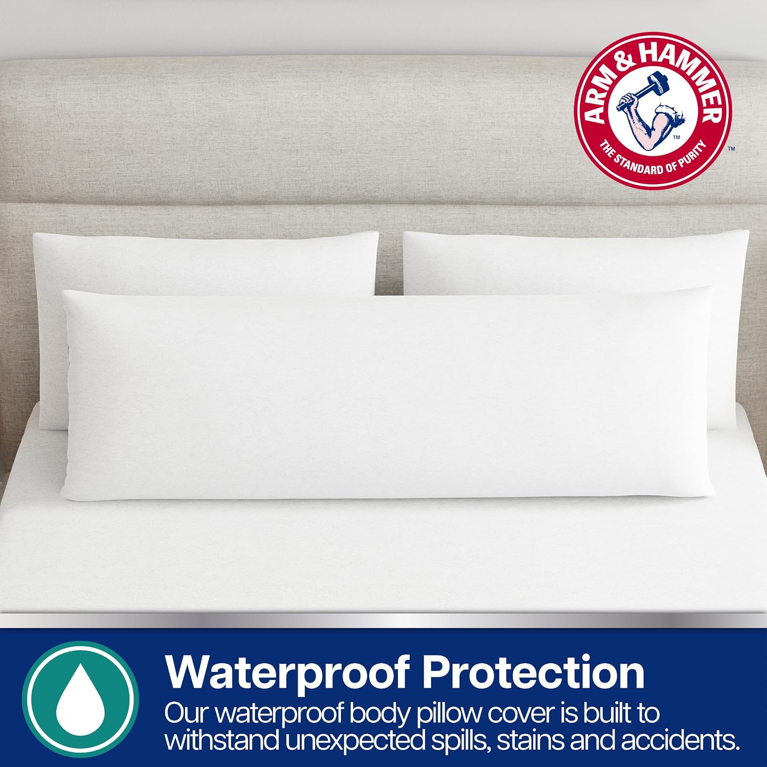 Armhammer Arm & Hammer Soft Terry Pillow Protector, Waterproof, Zipper Closure, 20" x 54", White, Body Pillow White