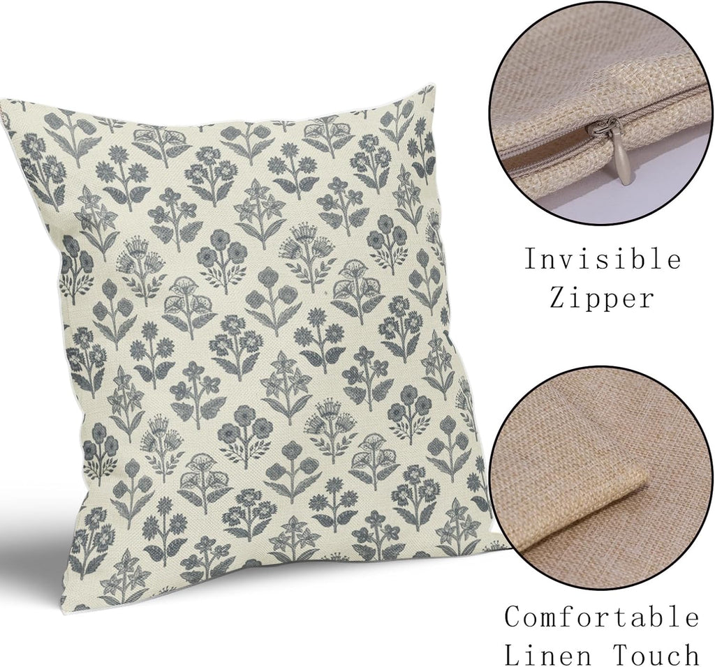 Dusty Blue Floral Pillow Covers 16x16 Inch Set of 2, Vintage Flower Block Print Pattern Decorative Throw Pillowcases Outdoor Farmhouse…