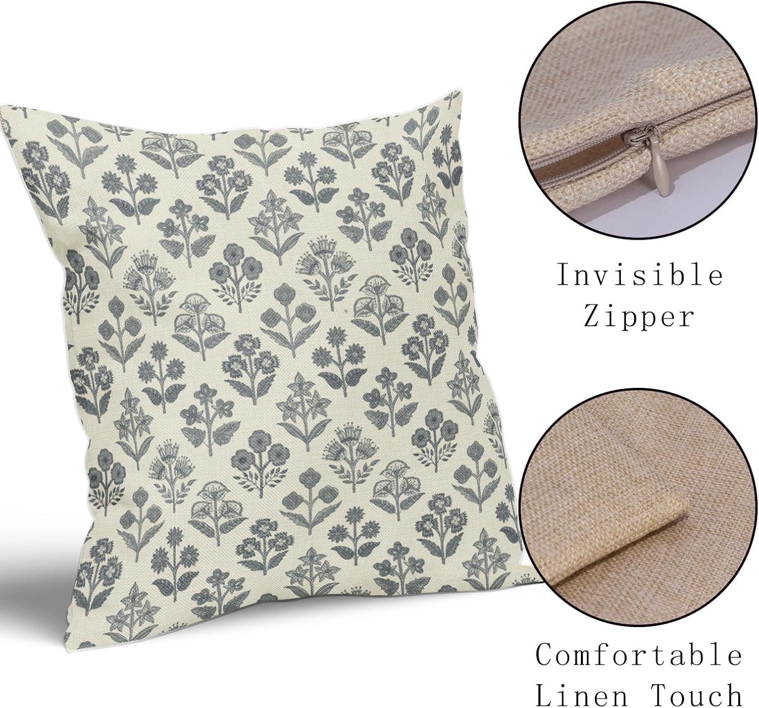 Dusty Blue Floral Pillow Covers 16x16 Inch Set of 2, Vintage Flower Block Print Pattern Decorative Throw Pillowcases Outdoor Farmhouse…