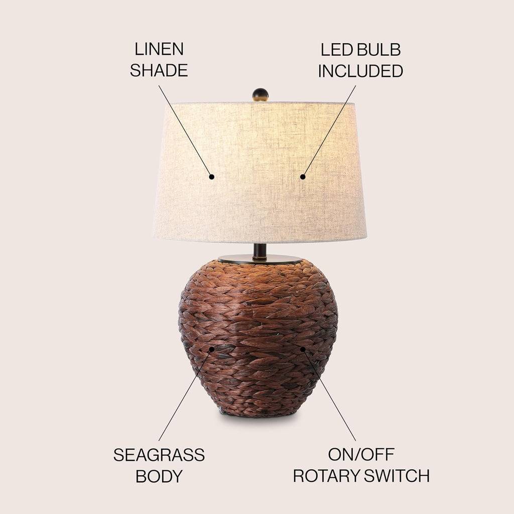 JONATHAN Y 24.5" Dark Brown Water Hyacinth Farmhouse Basket Table Lamp, Coastal Decor for Living Room Bedroom Nightstand, Light Gray…