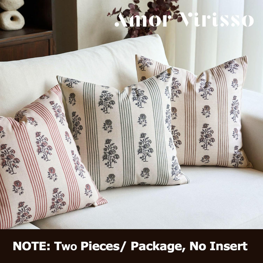 AffordableFloralPrintMaker Amor Virisso Floral Throw Pillow Covers 20x20 Set of 2 Block Print Pillow Covers Neutral Floral Striped Farmhous…
