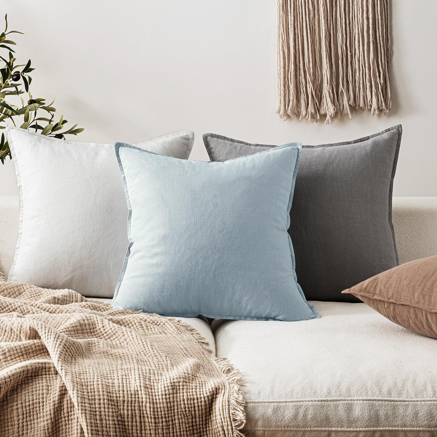 EMEMA Spring Throw Pillow Covers Decorative Linen Pillow Covers 18x18 Inch Light Blue Boho Farmhouse Neutral Couch Throw Pillows for Bed…