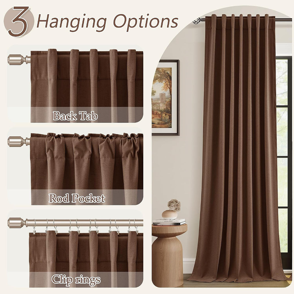 Guken Rustic Brown 100% Blackout Linen Curtains 108 Inch Length 2 Panels Set for Living Room Bedroom Back Tab Thermal Insulated Black Out D…