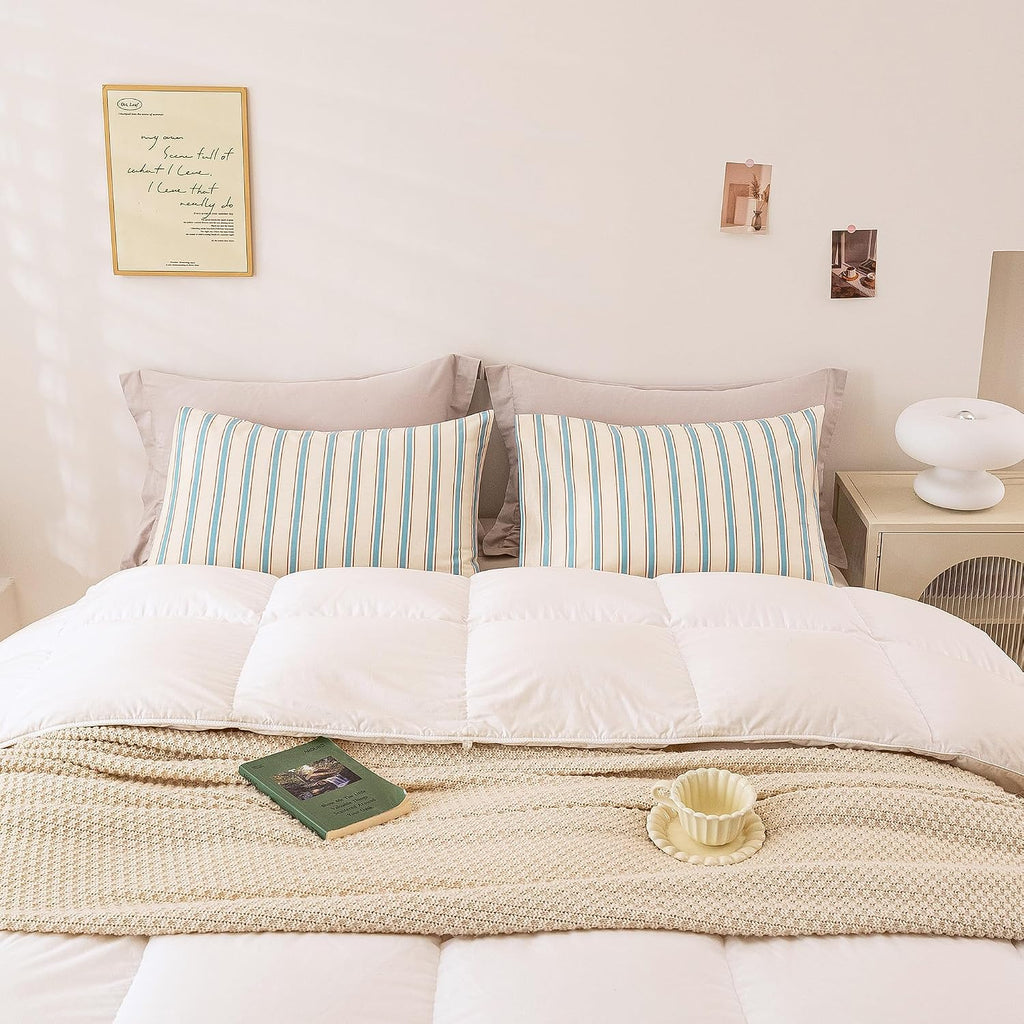 ECOCOTT Striped Pillowcases Standard Size Set of 2, 100% Washed Cotton Pillow Cases with Envelope Closure, Blue&Brown Ticking Stripe…