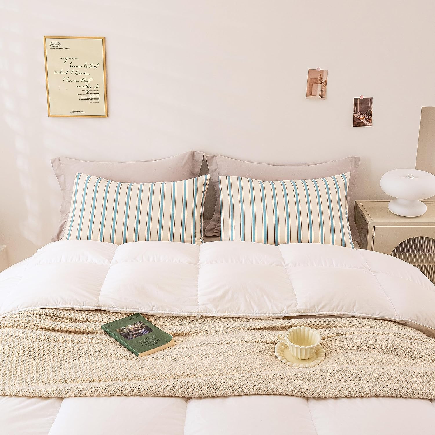 ECOCOTT Striped Pillowcases Standard Size Set of 2, 100% Washed Cotton Pillow Cases with Envelope Closure, Blue&Brown Ticking Stripe…