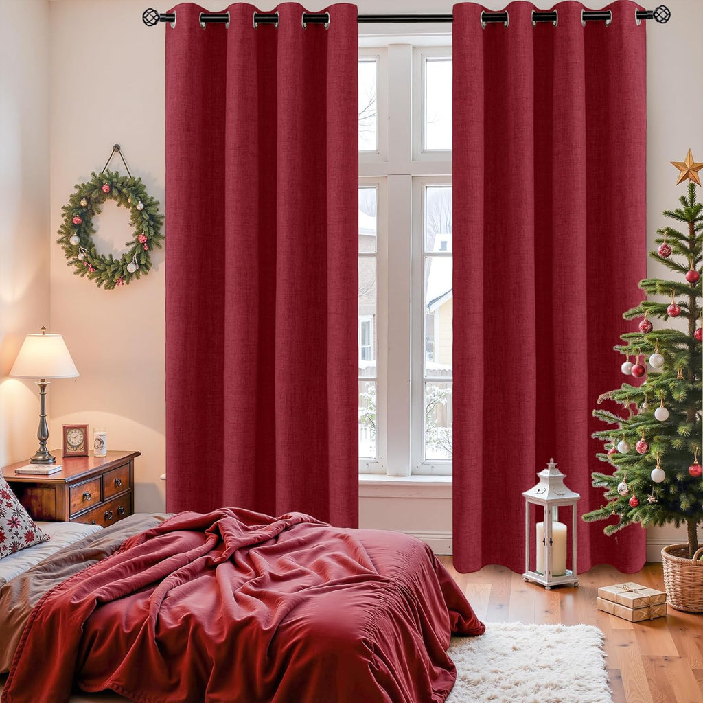 YoungsTex Burgundy Linen Blackout Curtains for Bedroom 84 Inch Length, Thermal Insulated Black Out Drapes with Grommet for Living Room Wind…