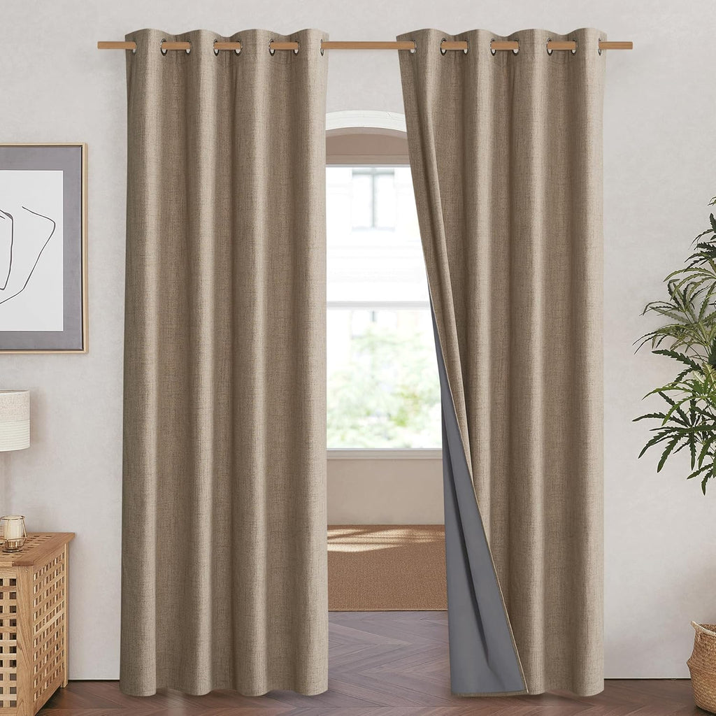 NICETOWN Burlap Vintage Open Linen Weave Flax Thermal Curtains, 100% Blackout Curtains 90" Long for Dining Room, Soundproof Window…