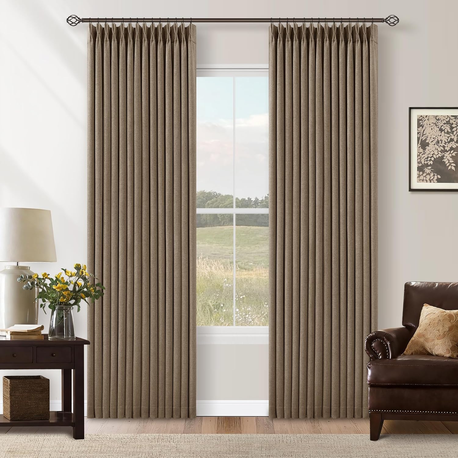 Twodrapes Latte Pleated Linen Blackout Curtains 84 Inches Long for Bedroom Living Room Pinch Pleat Black Out Thermal Insulated Ring Hooks B…