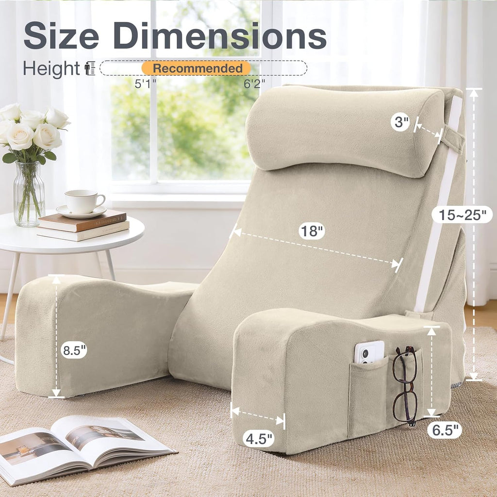 Sasttie Reading Pillow with Armrests, 15–25 Inch Adjustable Back Support Pillow for Bed Sitting Up, Memory Foam Back Rest Cushion Bed Chair…