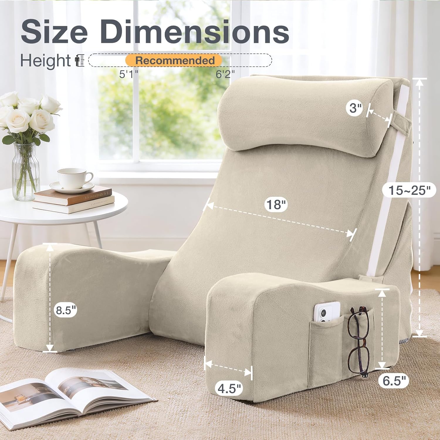 Sasttie Reading Pillow with Armrests, 15–25 Inch Adjustable Back Support Pillow for Bed Sitting Up, Memory Foam Back Rest Cushion Bed Chair…
