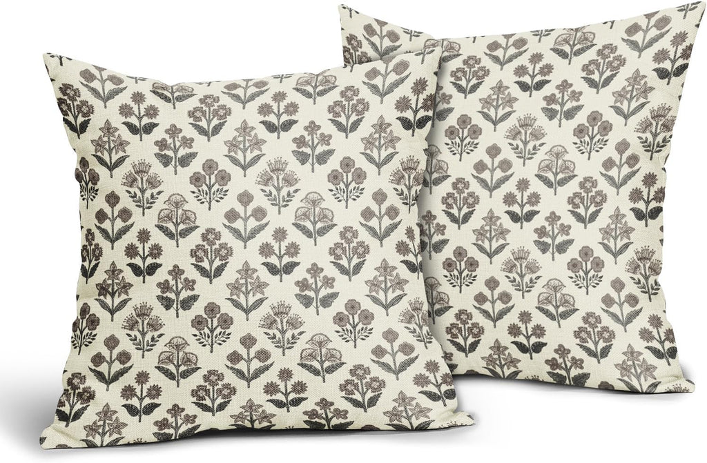 Black Dark Brown Floral Pillow Covers 16x16 Inch Set of 2, Vintage Flower Block Print Pattern Decorative Throw Pillowcases Outdoor Rustic…
