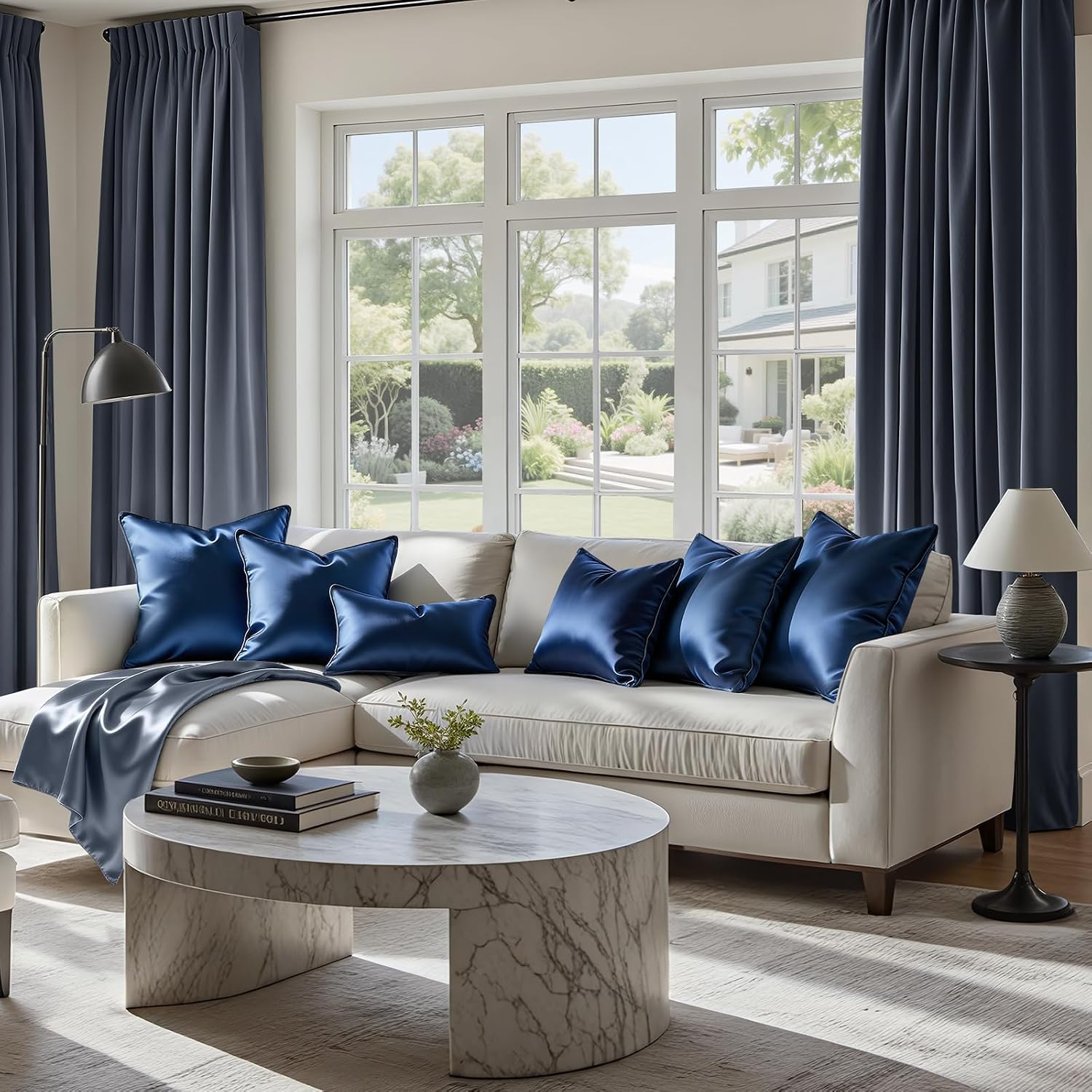 Homeideas Navy Blue Decorative Throw Pillow Covers 24x24 Set of 2, Glossy Faux Silk Pillow Covers for Couch Sofa Bed Decor Luxury Summer Eu…