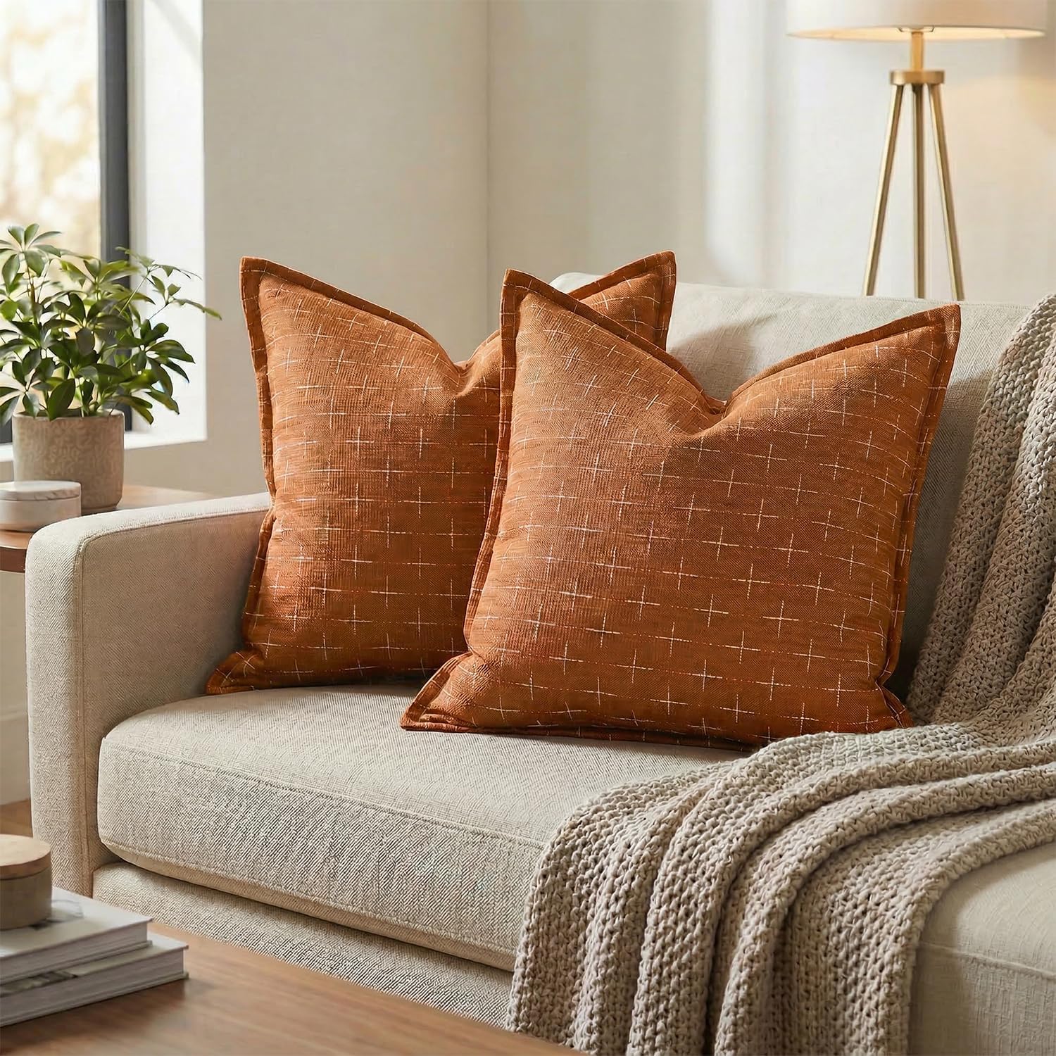 AVOINcolorlife AVOIN colorlife Pack of 2 Decorative Throw Pillow Covers 16x16 Inch, Flange Edges Woven Textured Cushion Case Home Decor for…