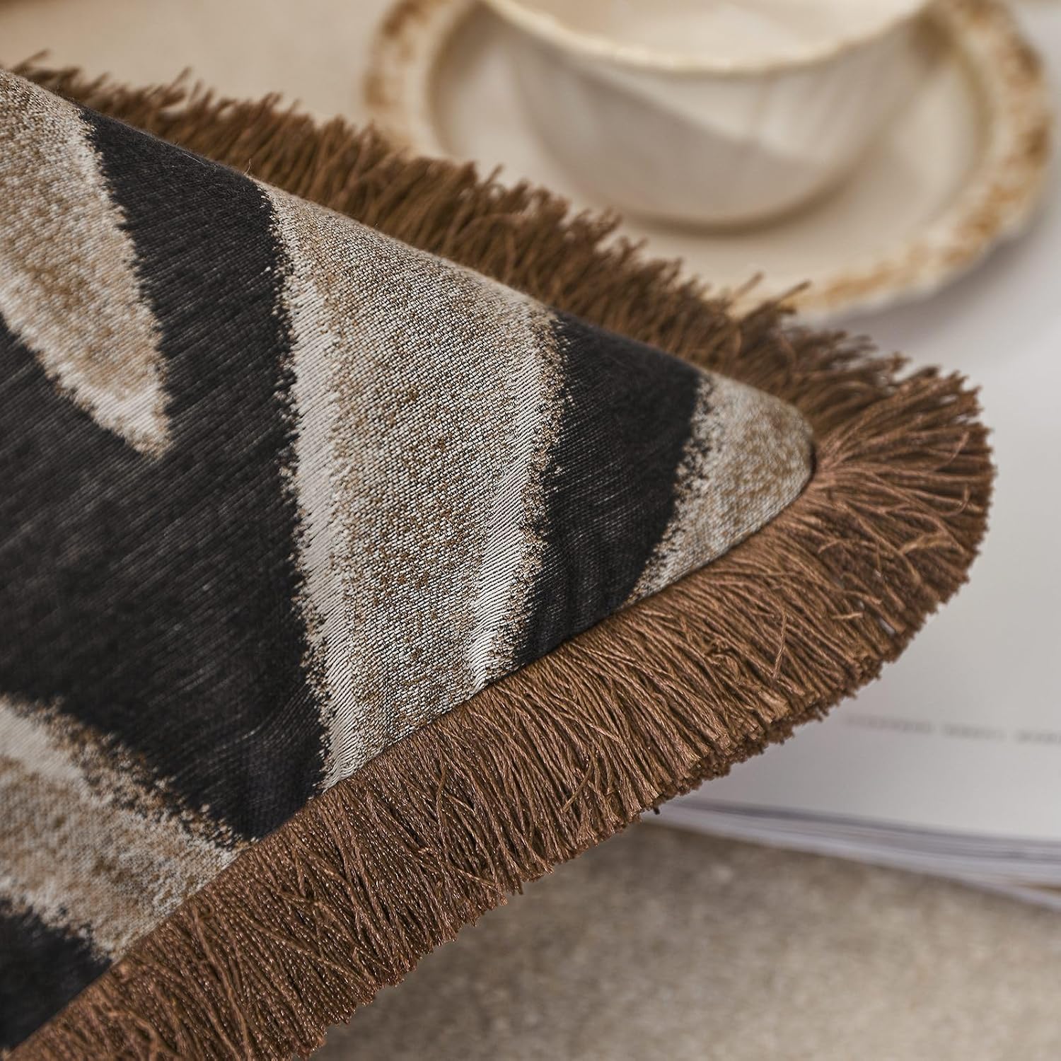 Aibuhome Luxury Zebra Lumbar Pillow Cover with Brown Tassel Trim, Zebra Pattern Jacquard Design Decorative Pillow Case for Sofa Bedroom Liv…
