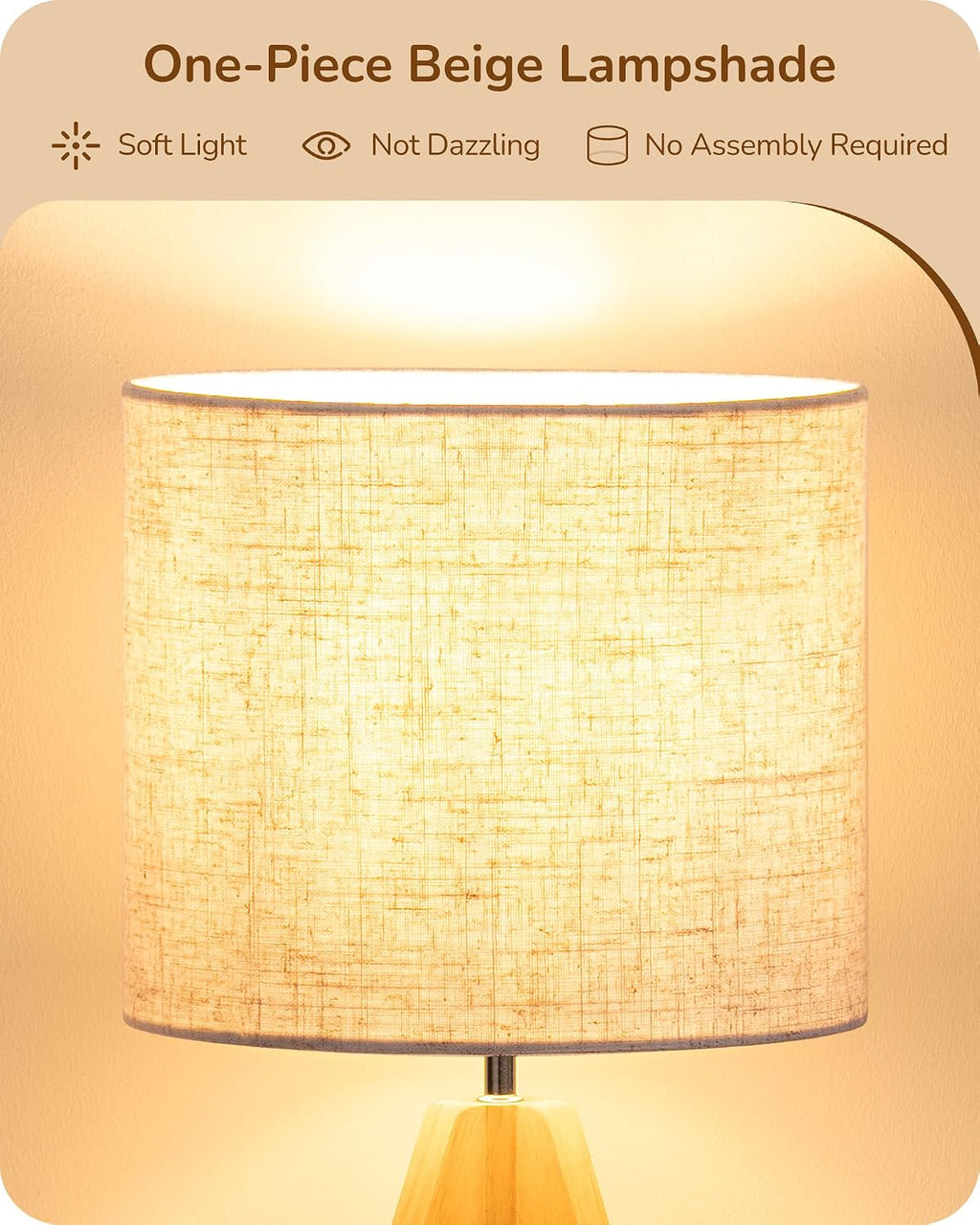 EDISHINE Small Table Lamp, Boho Bedside Lamp with Linen Fabric Shade, Wood Tripod Nightstand Lamp for Nursery, Living Room, Bedroom…