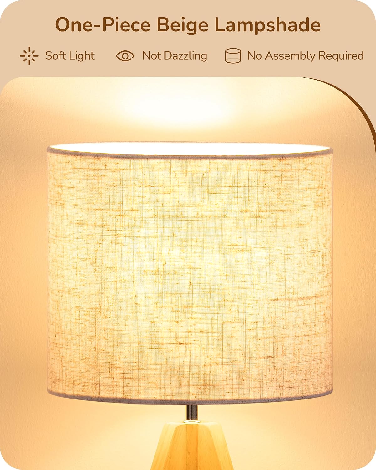 EDISHINE Small Table Lamp, Boho Bedside Lamp with Linen Fabric Shade, Wood Tripod Nightstand Lamp for Nursery, Living Room, Bedroom…