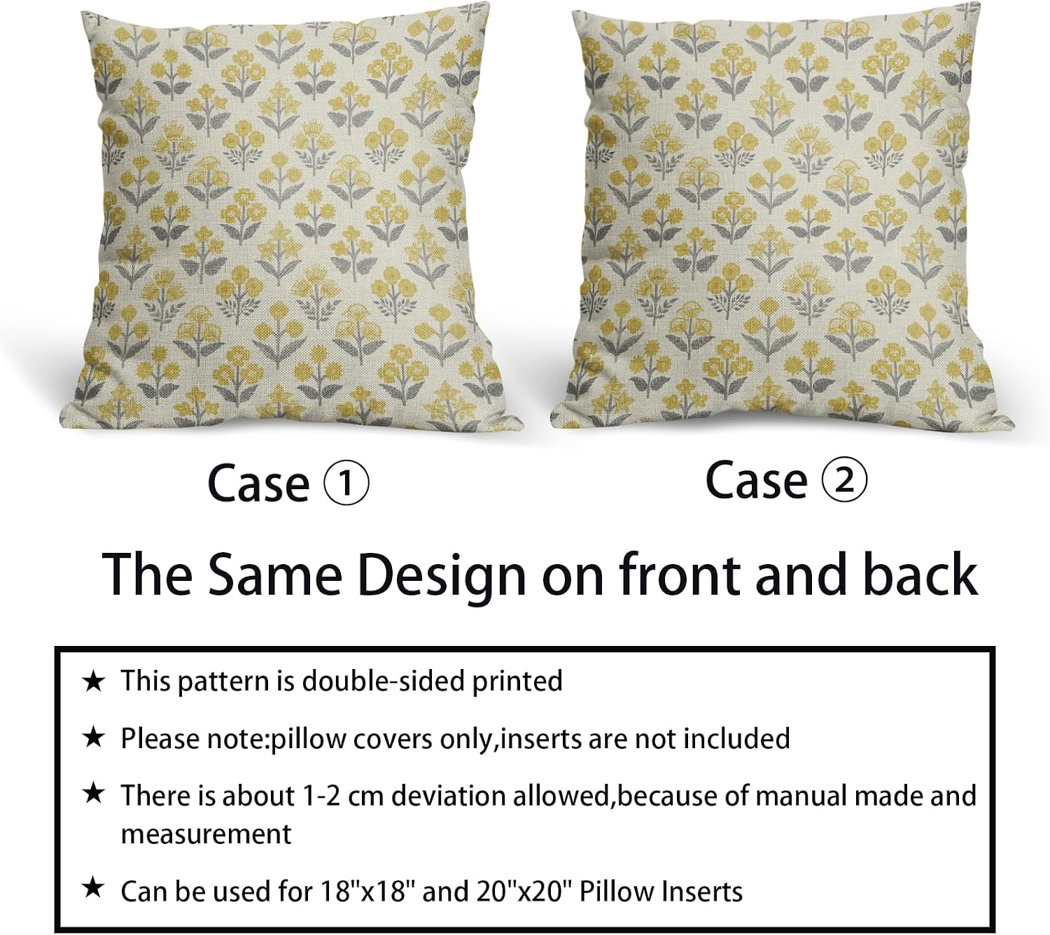 Yello Grey Gray Floral Pillow Covers 24x24 Inch Set of 2, Vintage Flower Block Print Pattern Decorative Throw Pillowcases Outdoor…