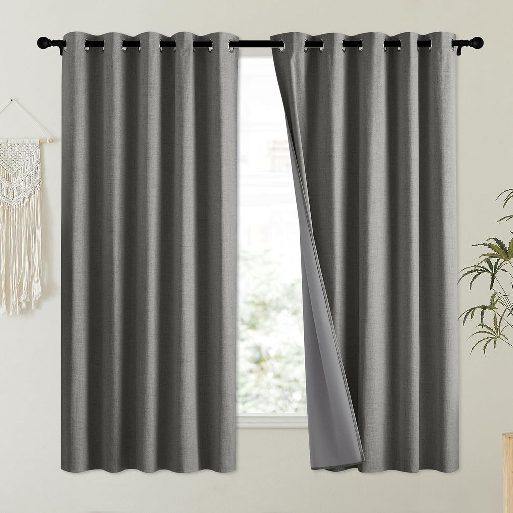 NICETOWN Grizzle Gray Vintage Linen 100% Blackout Curtains for Kitchen, Thermal Insulated Curtains 63" Long, Noise Reducing Window…
