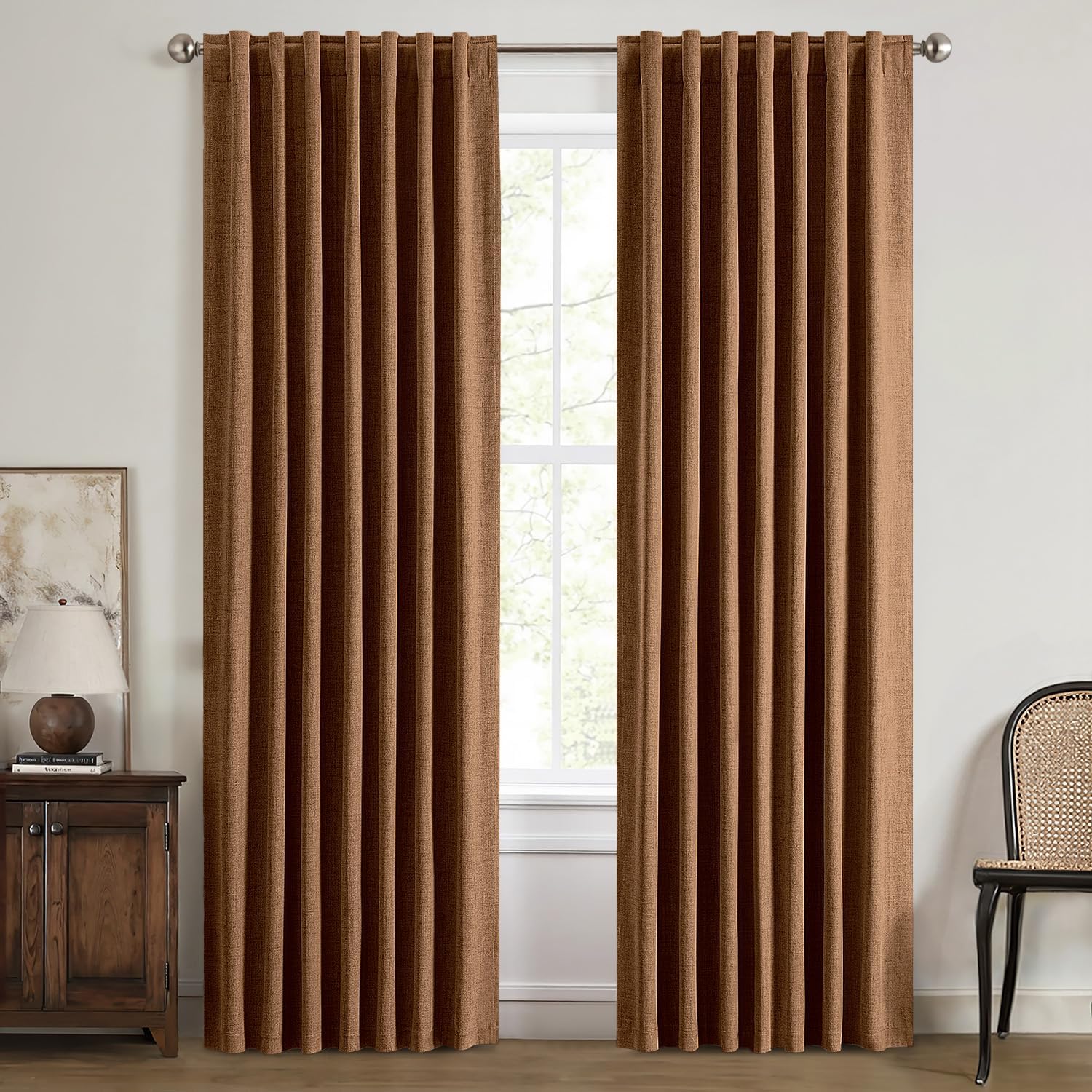Miulee 100% Blackout Linen Curtains for Bedroom, Brown Solid Luxury Decor Thermal Insulation Room Darkening Drapes for Living Room Nursery…