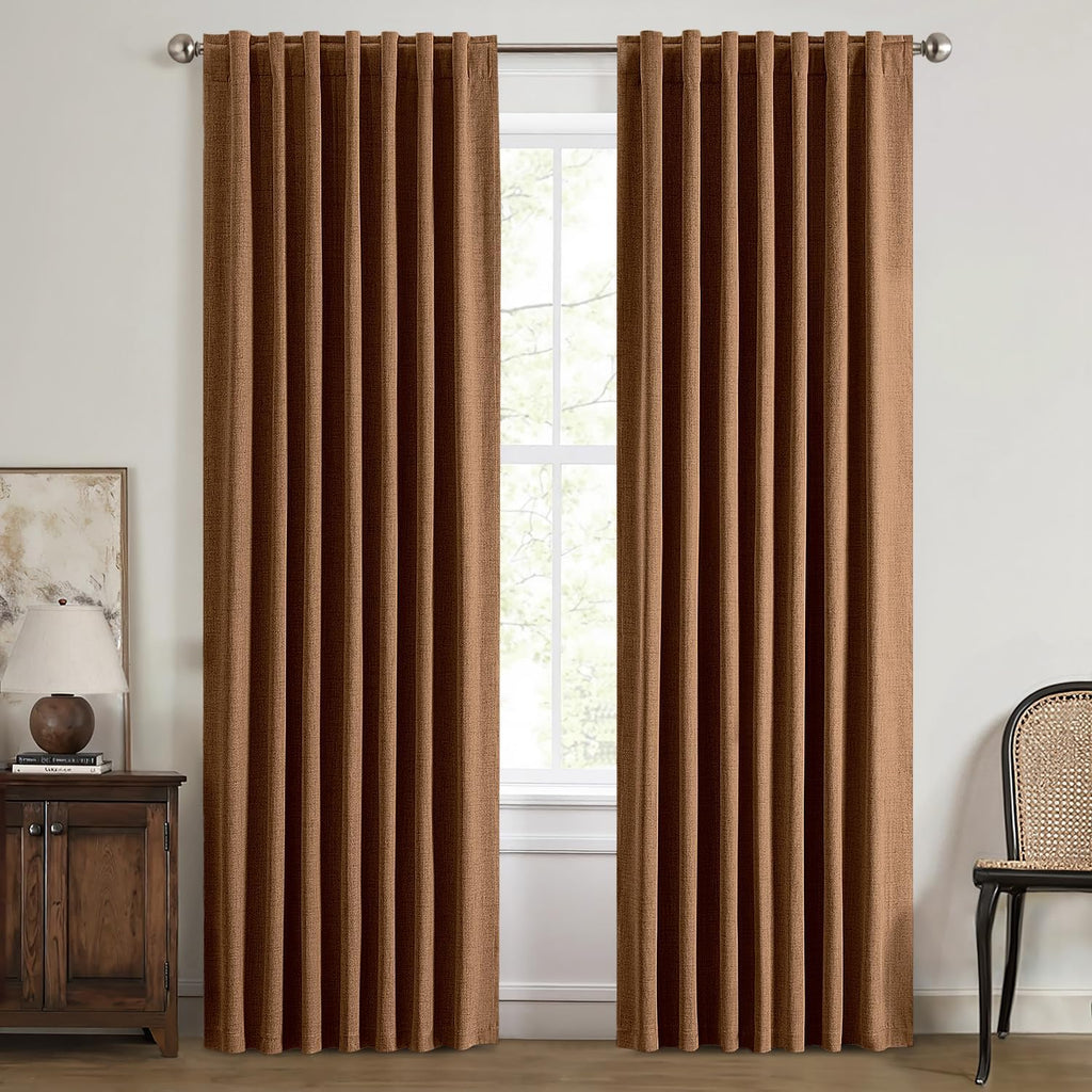 Miulee 100% Blackout Linen Curtains for Bedroom, Brown Solid Luxury Decor Thermal Insulation Room Darkening Drapes for Living Room Nursery…
