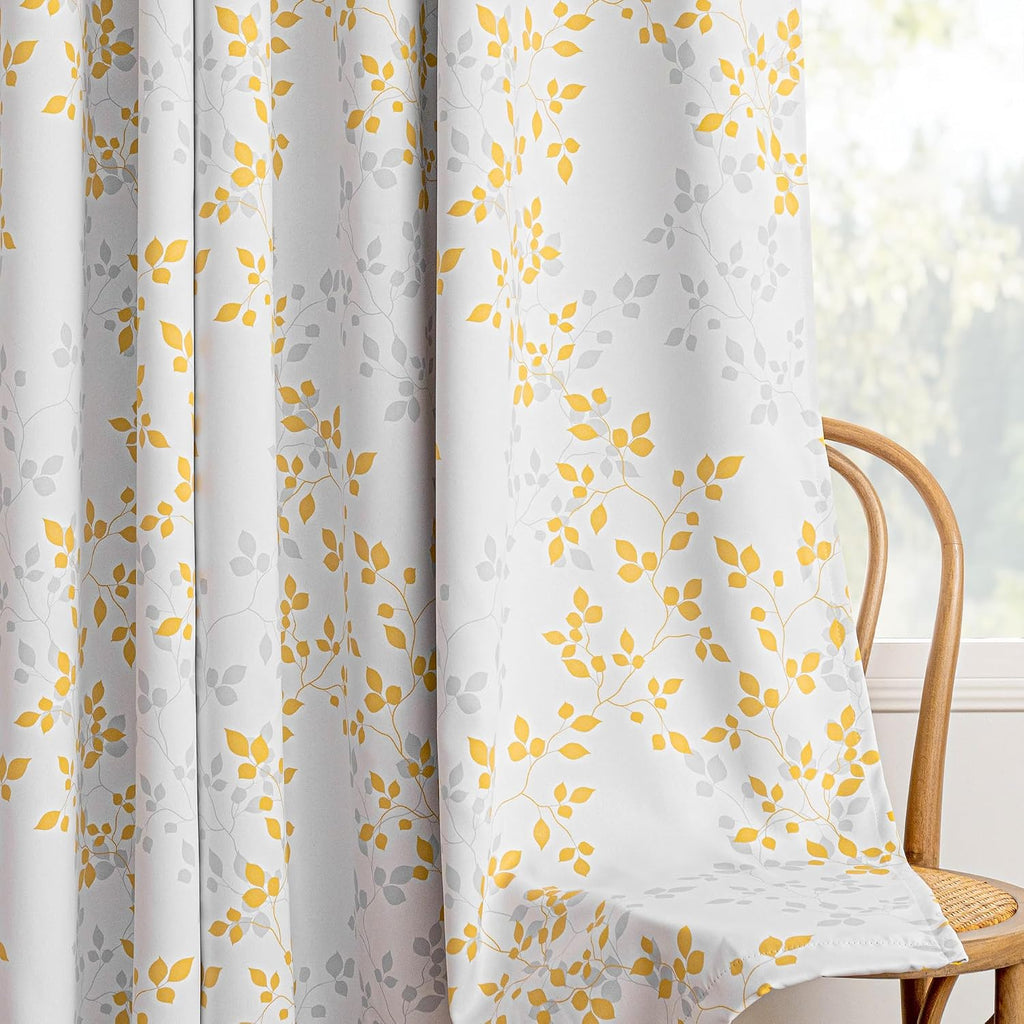 Meetsky 95% Blackout Curtains for Living Room 2 Panel Set - Room Darkening Thermal Insulated Grommet Window Drapes, Yellow Grey Leaf Printe…