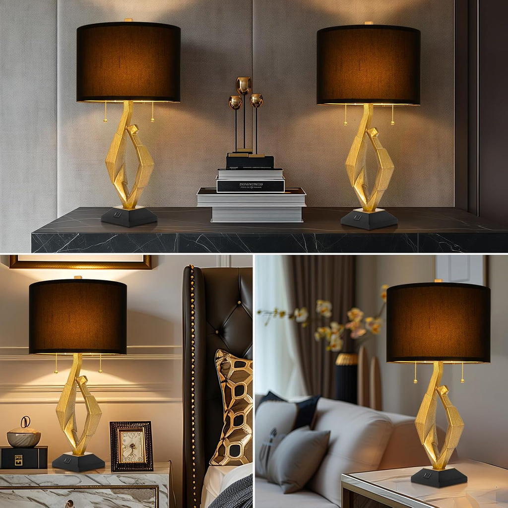 Sculptural Table Lamp Set of 2 with USB Ports For Living Room, Gold Leaf Finish Farmhouse Bedside Lamps with S Cluster Pull Chains Switch…