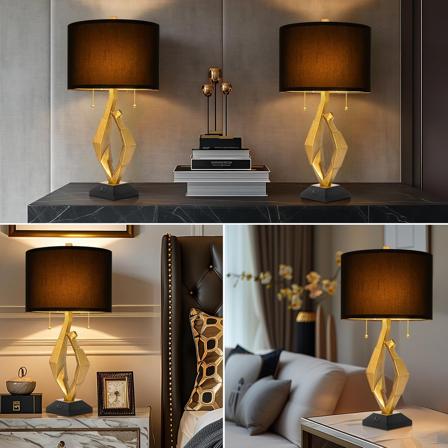 Sculptural Table Lamp Set of 2 with USB Ports For Living Room, Gold Leaf Finish Farmhouse Bedside Lamps with S Cluster Pull Chains Switch…