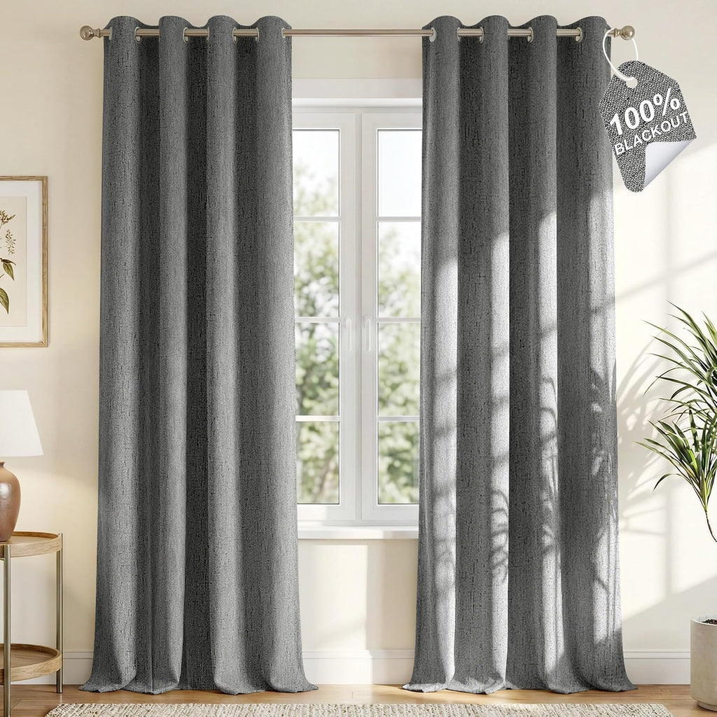 Nicetown 100% Blackout Linen Grey Curtains 96 inches Long, with White Liner Composite Grommet Thermal Drapes Relax Home Decor Window Treatm…