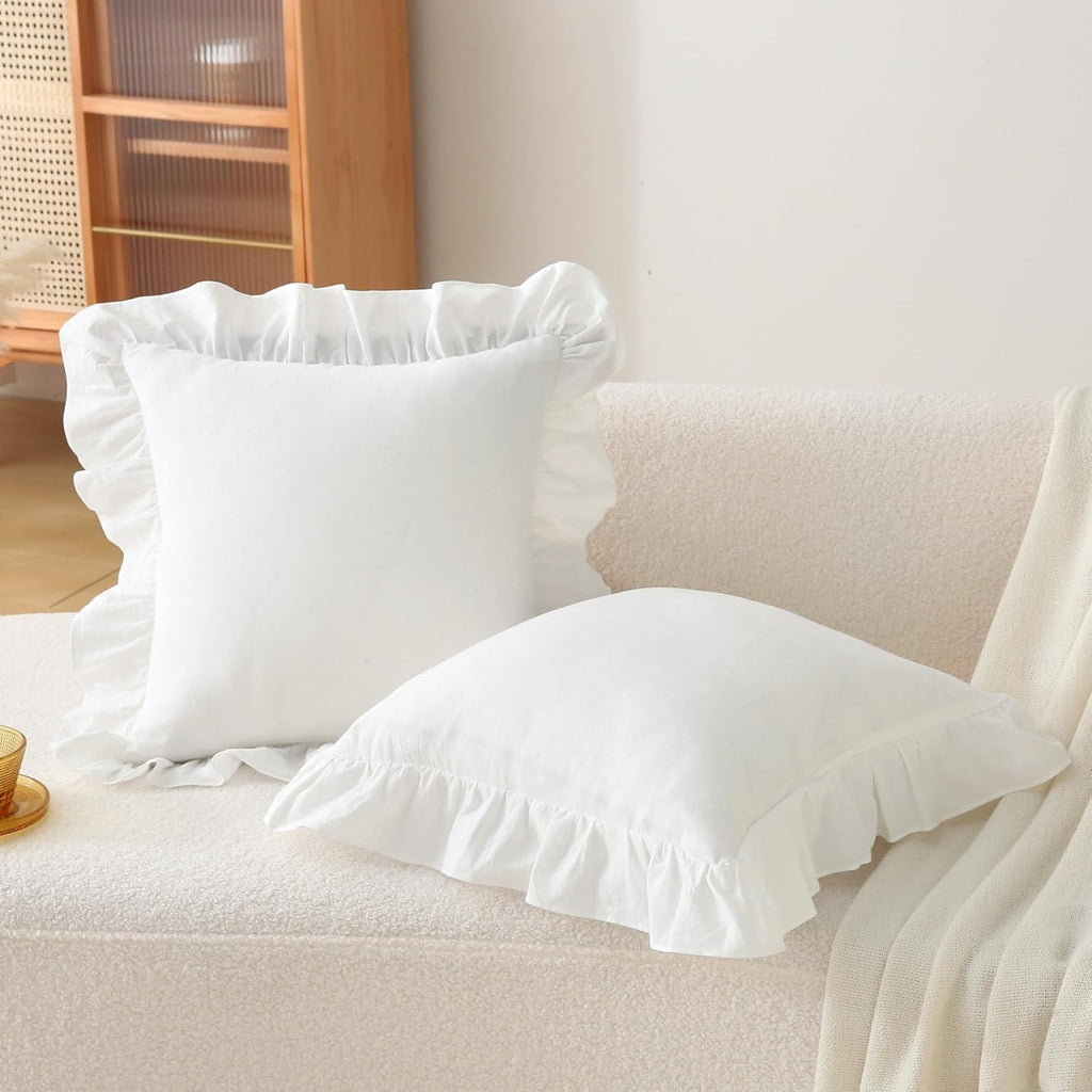 Jilboo Ruffle Throw Pillow Covers - 2 Pack 18 x18 inches Off White 100% Washed Cotton Vintage Style Decorative Pillowcases with Zipper Clos…