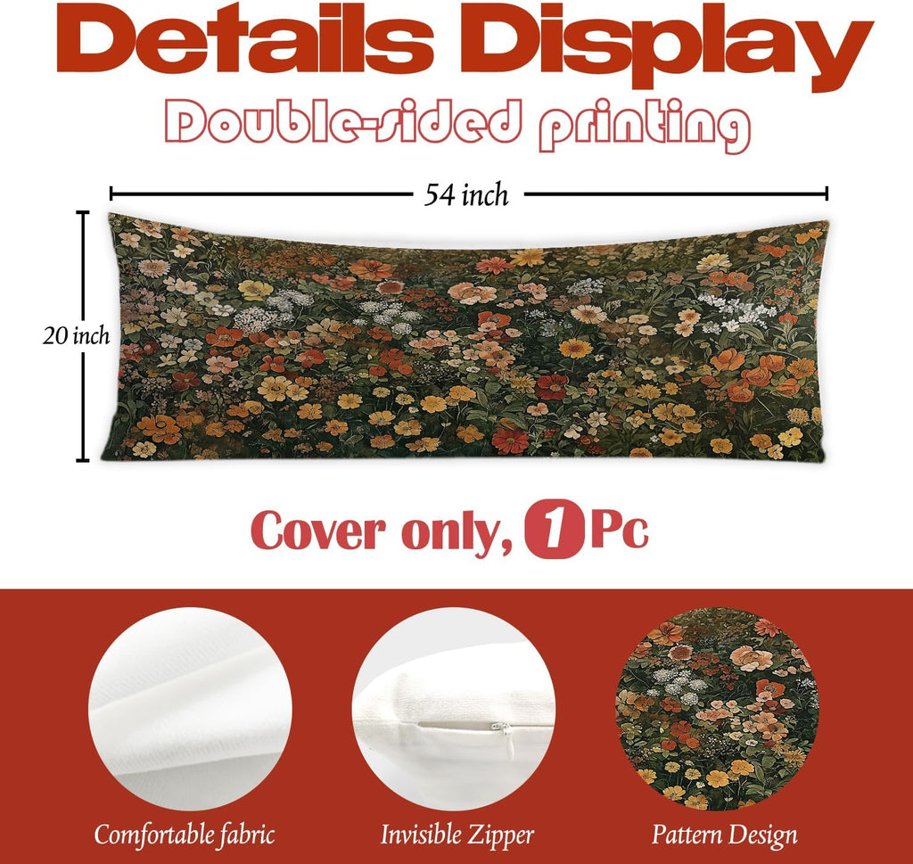 Vintage Moody Floral 20x54 Body Pillow Cover, Cottagecore Room Home Decor, Rustic Cottagecore Wildflower Botanical Decorative Long Body…
