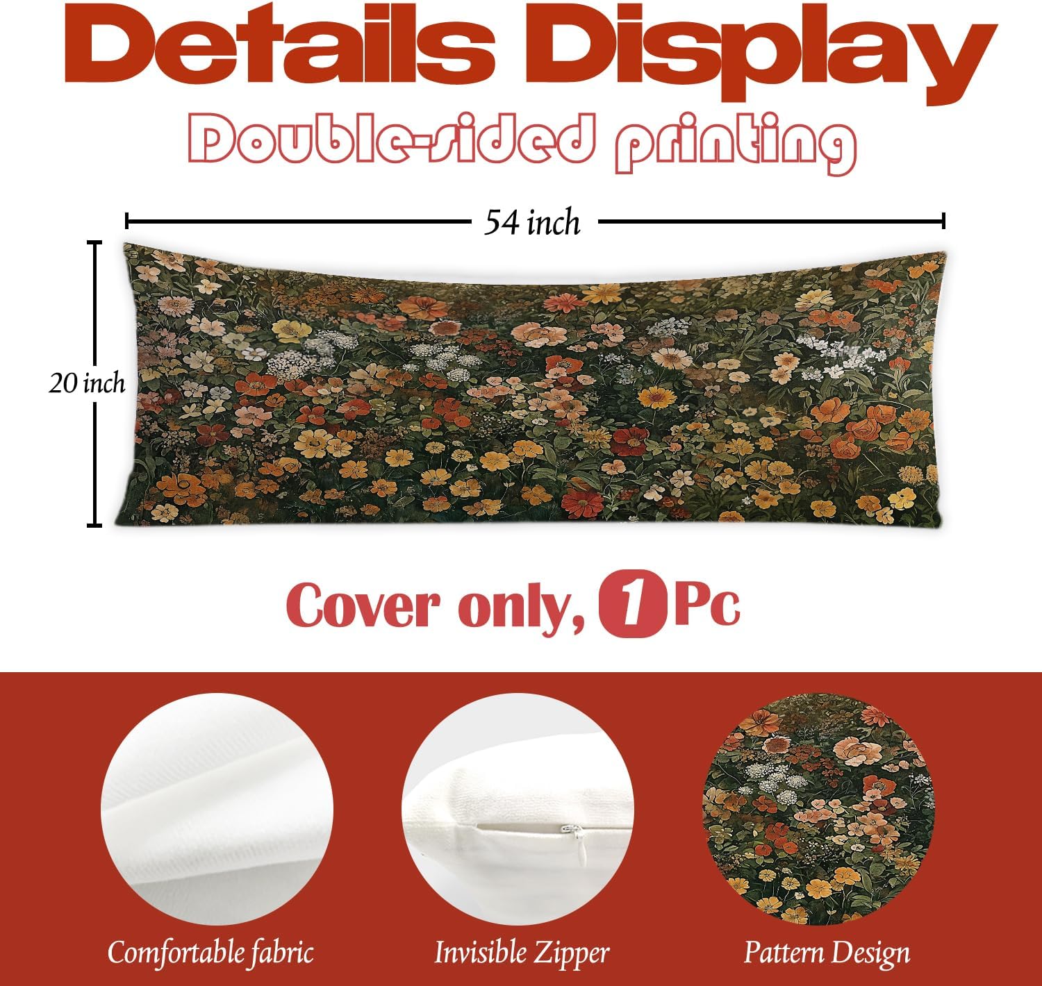 Vintage Moody Floral 20x54 Body Pillow Cover, Cottagecore Room Home Decor, Rustic Cottagecore Wildflower Botanical Decorative Long Body…