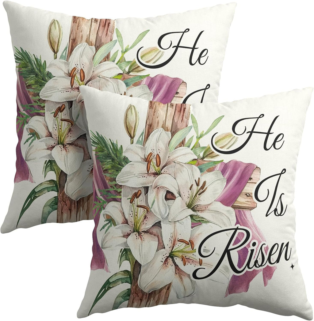 Easter Throw Pillow Covers 16x16 Inch Set of 2 He is Risen Cushion Case Spring Lily Flower Cotton Linen Square Pillowcases Happy Easter…
