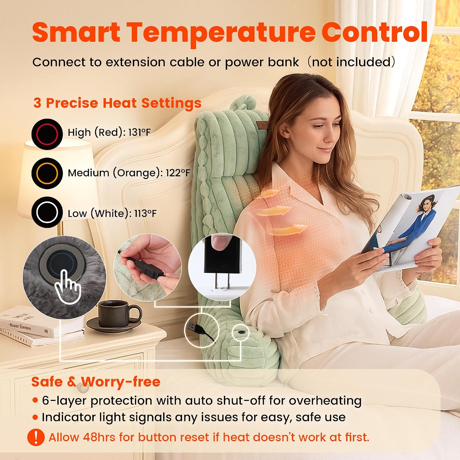 Amélie Home Heated Faux Fur Reading Pillow 3 Temperature Backrest for Sitting in Bed Support Cushion, USB-Powered(No Power Bank Included)…