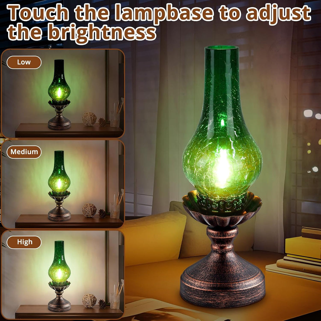 Vintage Table Lamp with Green Crackle Glass Shade, Touch Control & 3-Way Dimmable Rustic Retro Farmhouse Bedside Lamp for Bedroom, Living…