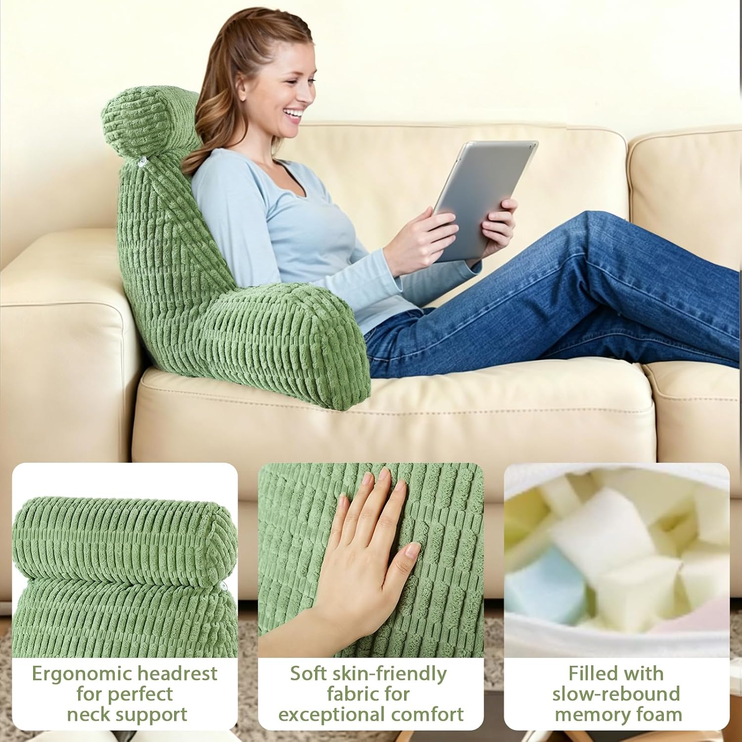 Reading Pillow for Bed, Back Rest Bed Pillow for Sitting Up with A Cylindrical Pillow and Lumbar Pillow, Back Support Pillows for Bed…