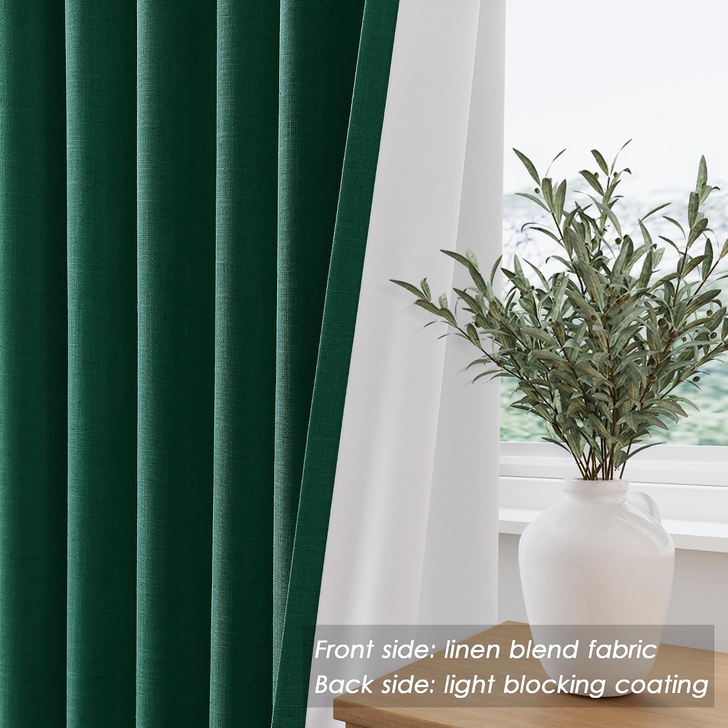 Nanspring Dark Green 100% Blackout Linen Curtains for Bedroom 90 Inches Long Back Tab Thermal Insulated Vintage Boho Decor Black Out Curtai…