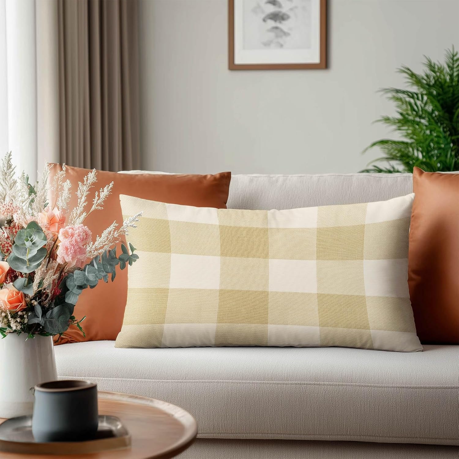 HOMETITUTE Plaid Pillow Covers Decorative Pack of 2 Satin 12x20 Inch Neutral Beige Buffalo Plaid Art Lumbar Throw Pillow Cases for Sofa…
