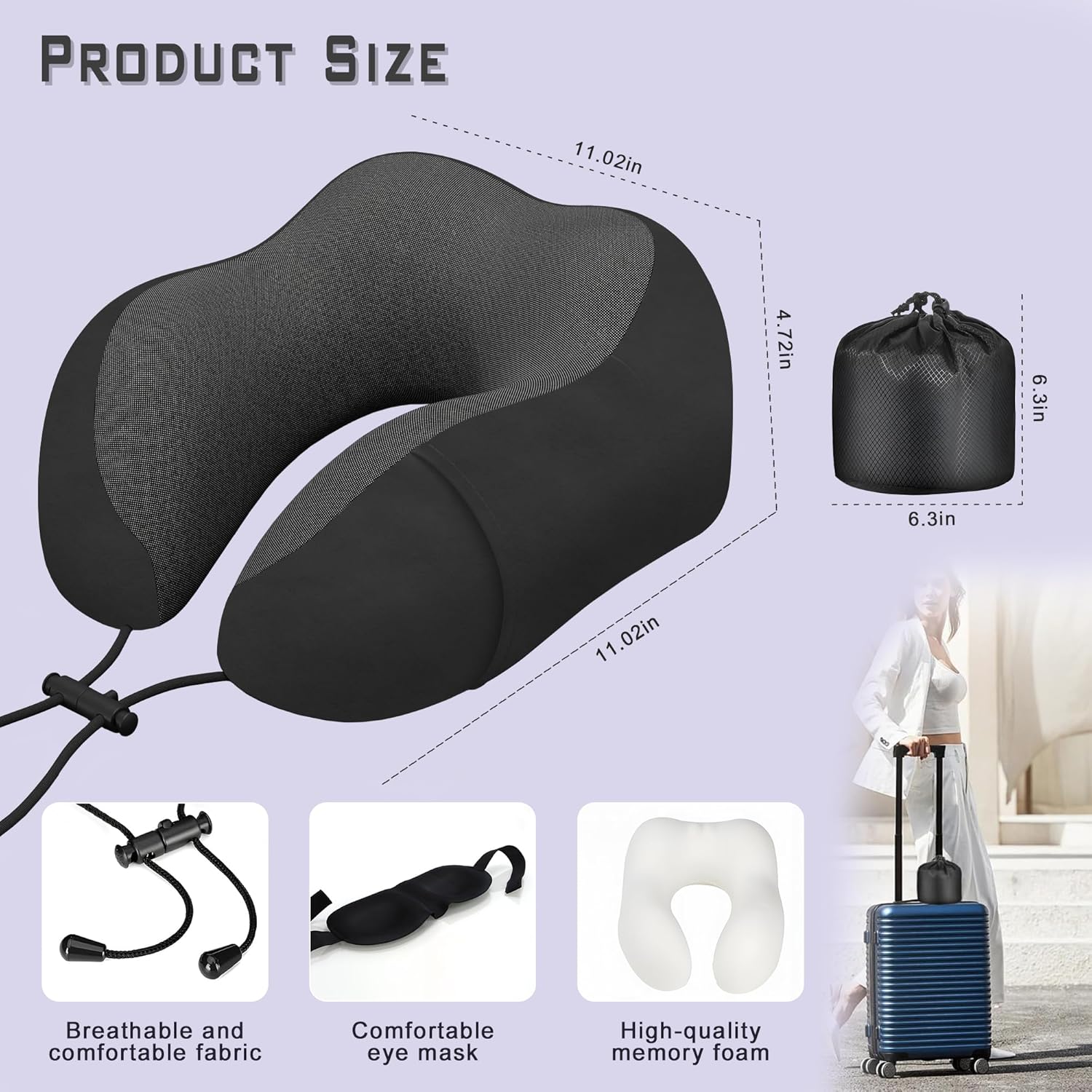 Neck Travel Pillow, Upgraded Memory Foam Pillow for Airplane, Machine Washable, Adjustable Flight Pillow, Suitable for Sleeping Airplane…