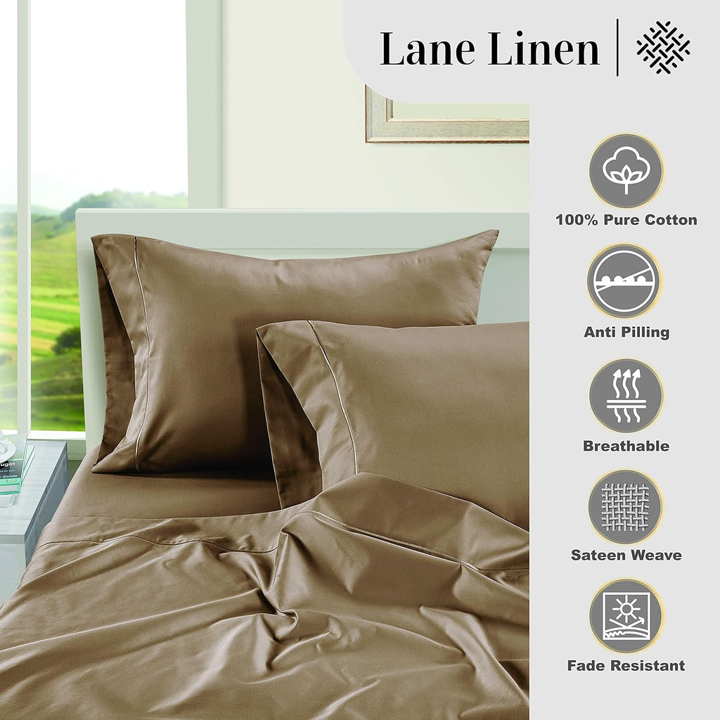 LaneLinen LANE LINEN Pillow Case Covers King Set of 2 100% Egyptian Cotton Sateen Soft Cool & Smooth Cases - Taupe Cotton