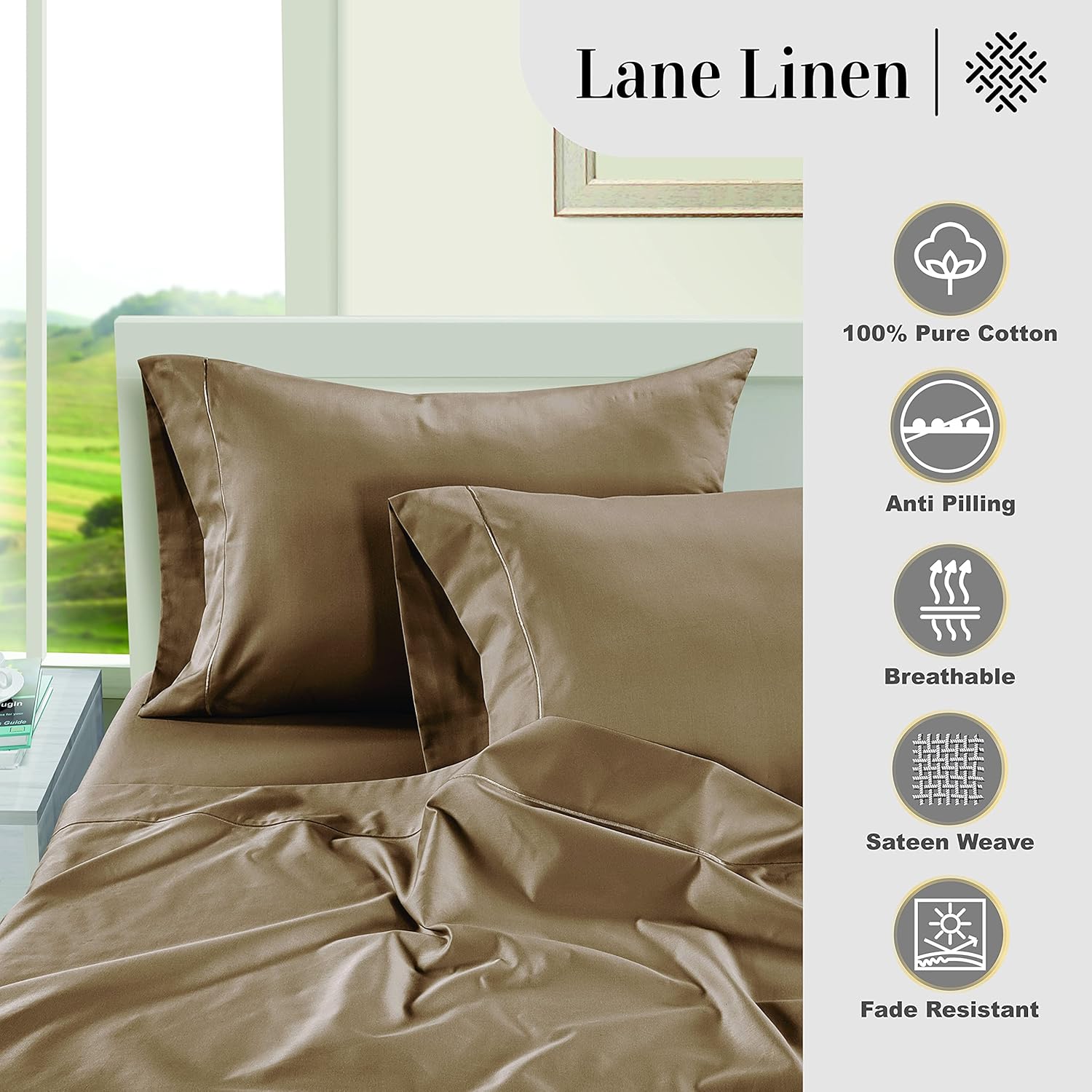 LaneLinen LANE LINEN Pillow Case Covers King Set of 2 100% Egyptian Cotton Sateen Soft Cool & Smooth Cases - Taupe Cotton