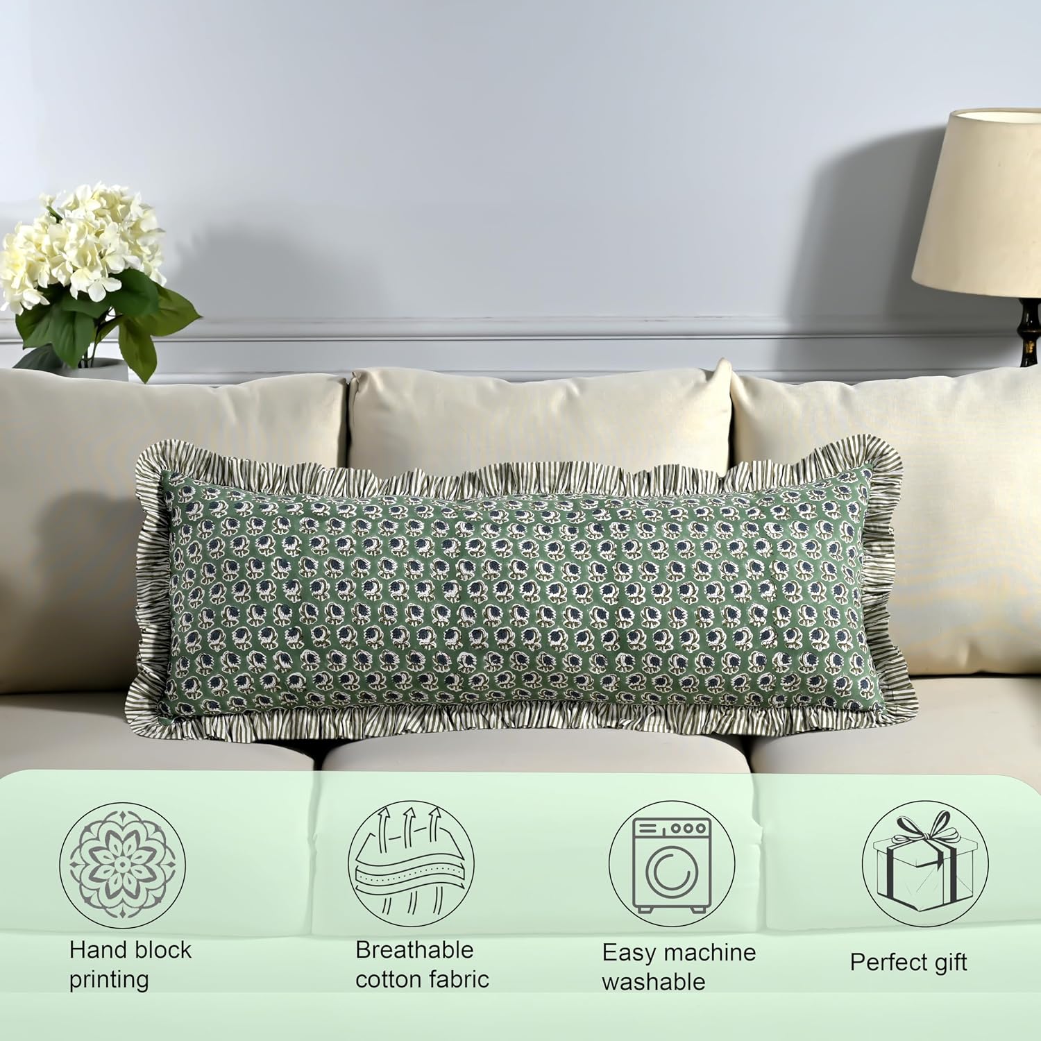 Ridhi Block Print Basil Green 36"x14" Set 1-100% Cotton Ruffle Lumbar Sham Cover Boho Floral Pillowcase, Farmhouse Cottagecore Bedding…