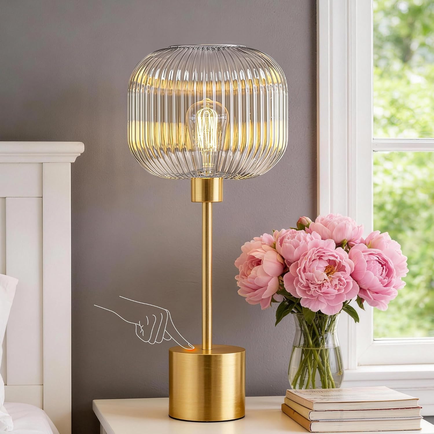 QiMH Glass Table Lamp for Living Room, Modern Bedside Lamp with Clear Ribbed Glass Shade, 3-Way Dimmable Touch Control Nightstand Lamp…