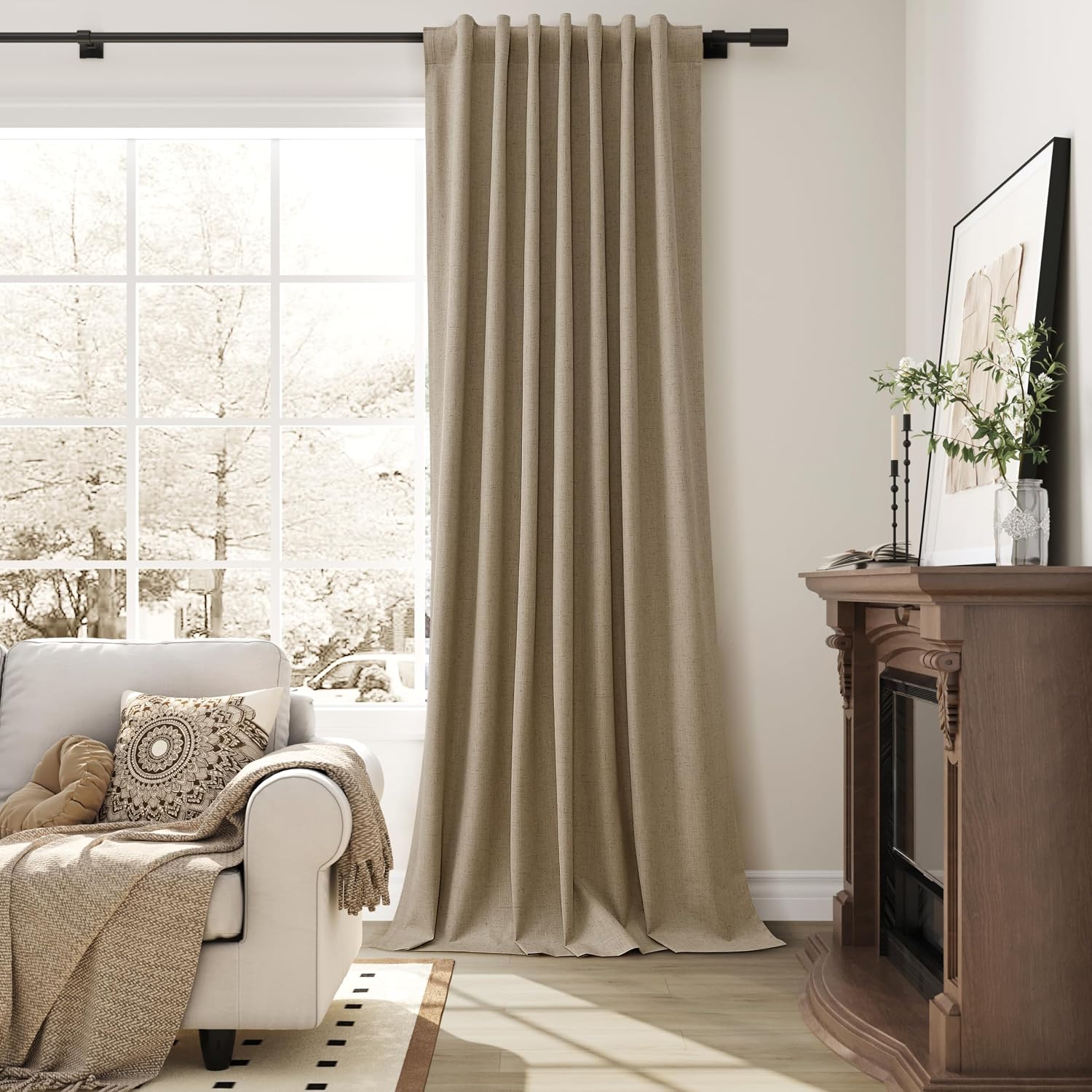 Guken Khaki Linen 100% Blackout Curtains for Bedroom 96 Inches Long 2 Panels Farmhouse Black Out Room Darkening Thermal Insulated Back Tab…