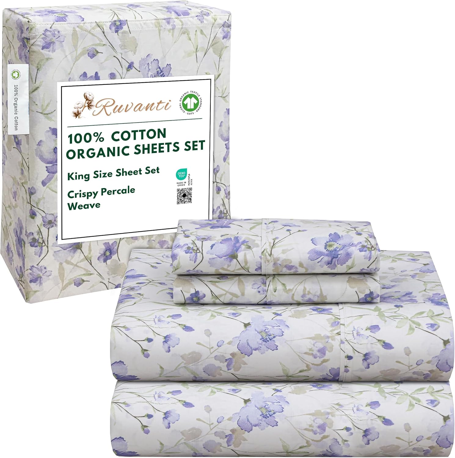 Ruvanti 100% Cotton Organic Percale Sheets King Size – Crisp Cooling Bed Sheets for Hot Sleepers, Deep Pocket 15”, Soft Peach Finish, Breat…