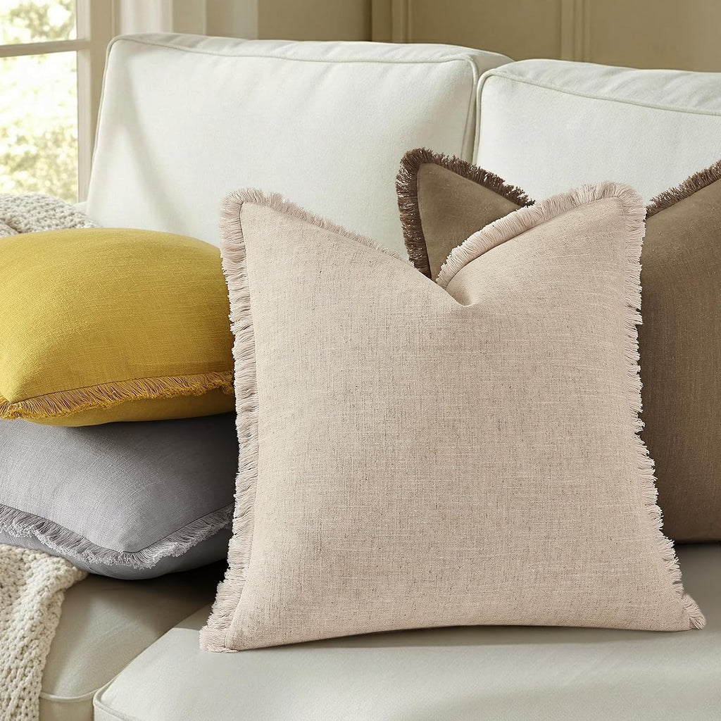 decorUhome Summer Decorative Neutral Linen Fringe Throw Pillow Covers Set of 2 Dark Grey Pillow Covers with Tassels Soft Farmhouse Boho Acc…