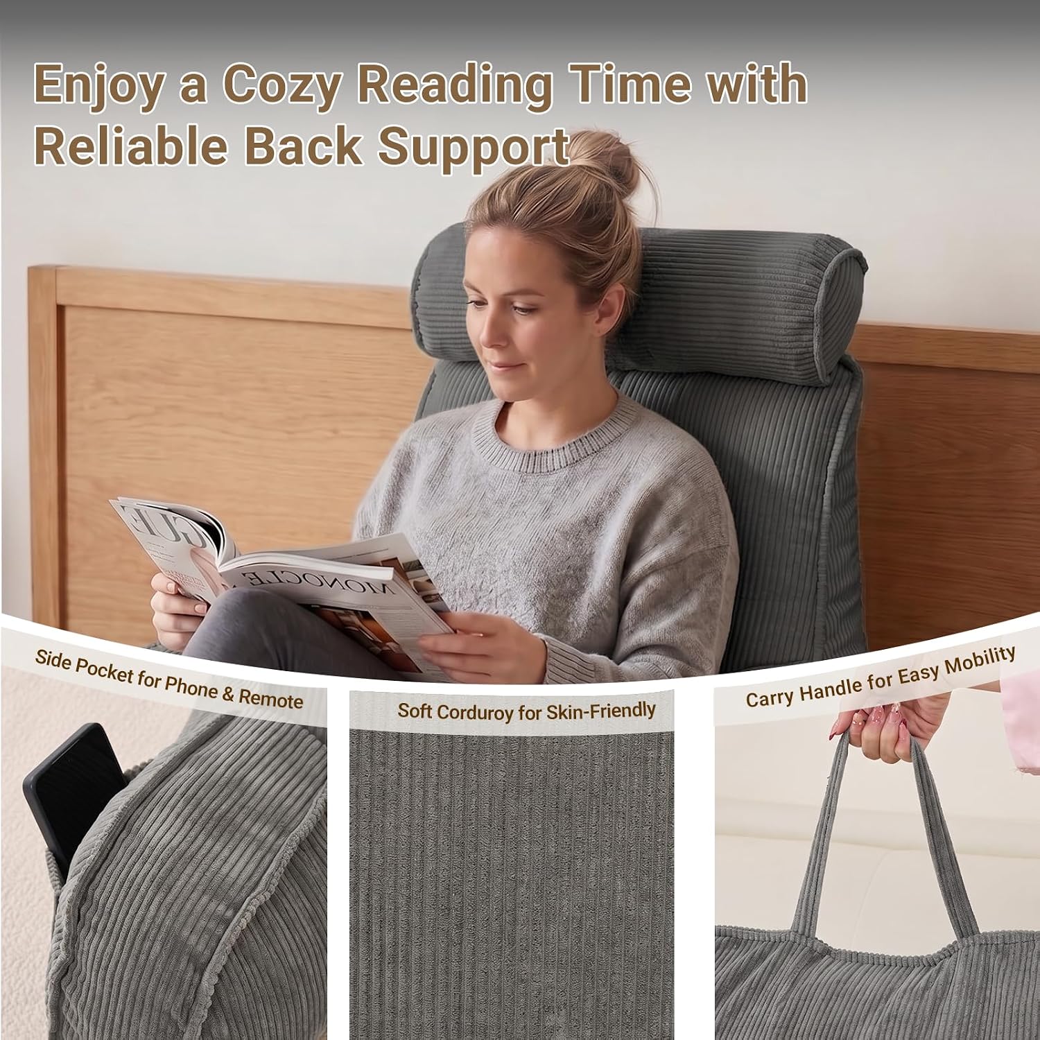 Reading Pillow for Bed with Detachable Neck Roll and Shredded Memory Foam, Back Pillow with Arms for Sitting Up, Washable Bed Rest Pillow…