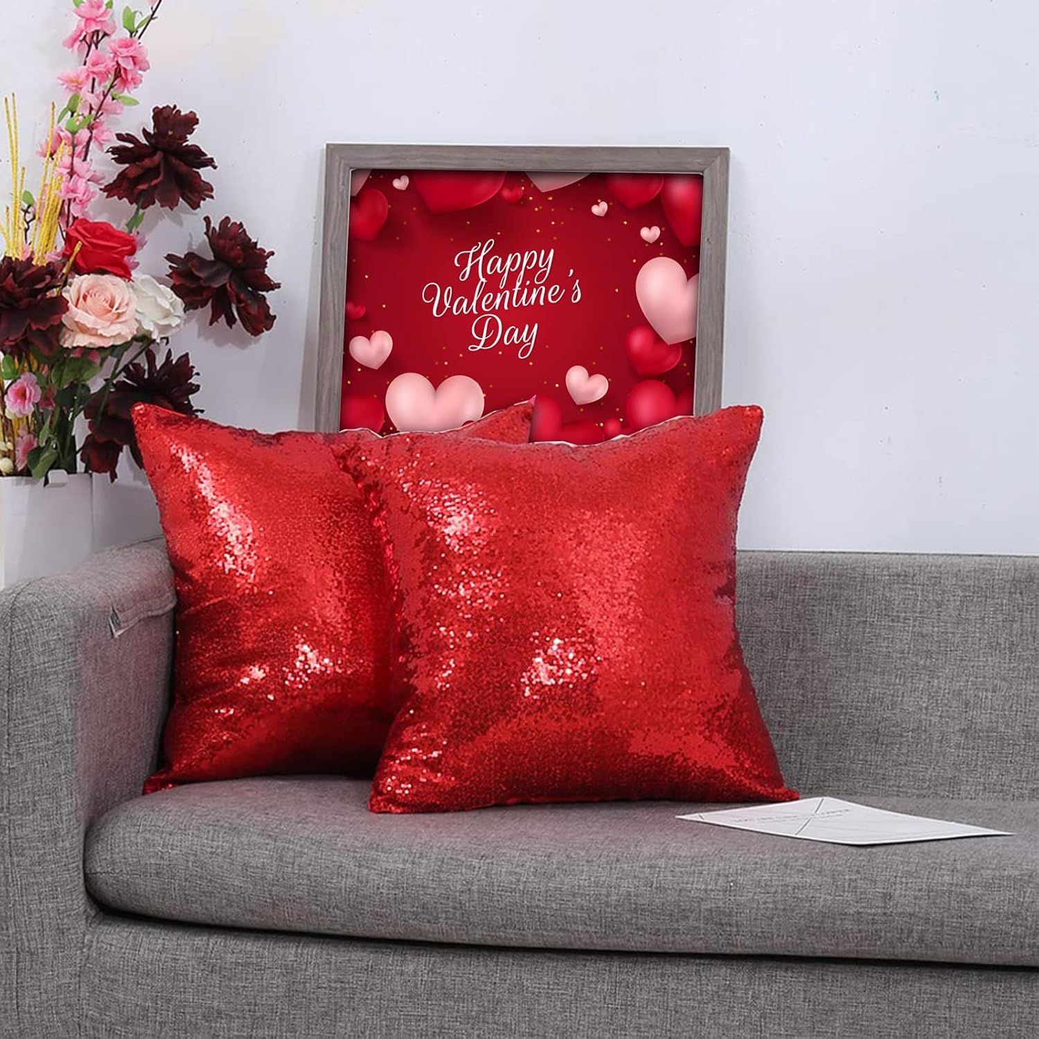 Eternal Beauty Set of 2 Sequin Decorative Pillow Cases Red Pillow Covers for Couch Sofa Throw Pillows 18 X 18 Inches