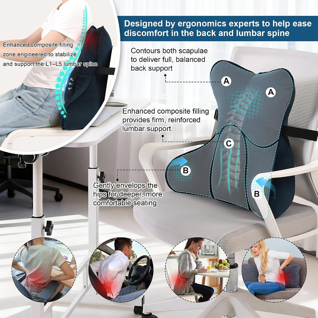 Lumbar Support Pillow(Pat. Pend) – Multi-Functional Ergonomic Back Cushion for Office Chair, Car Seat & Sofa, Reading Pillow with Firm…